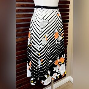 1970s Vintage Black White Striped Orange Yellow Floral High Waist Midi Skirt